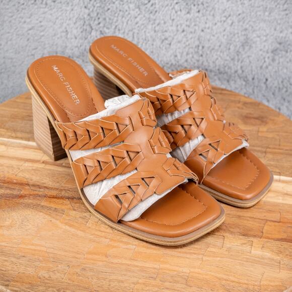 Marc Fisher Sandals Womens 7 M Melita Brown Slip on Strappy Slip-On Block Heels - Picture 1 of 6